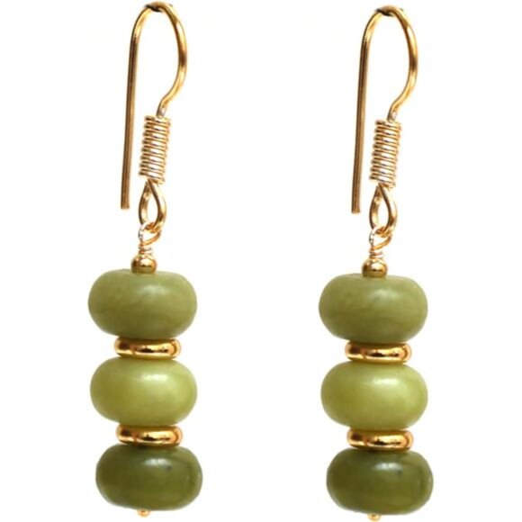 Green Opal Gemstone Dangle Earrings | Gold Plated Brass | Lightweight - Picture 4 of 5